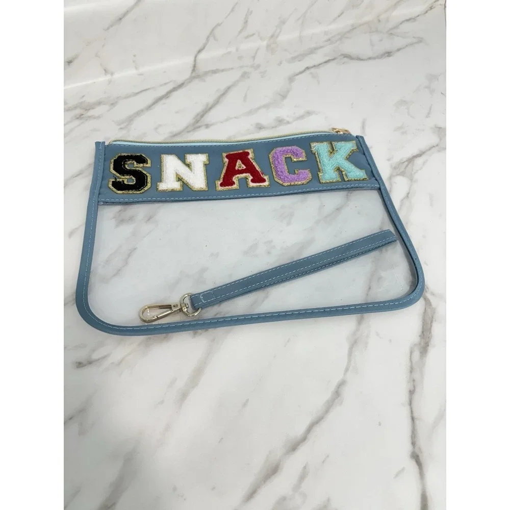 Snack Bag for Travel Clear Zipper Storage Pouch Varsity Letters Fun Print New